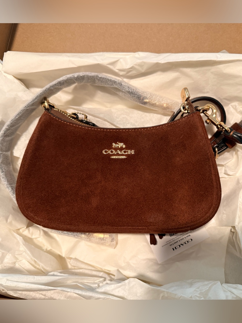 Coach Terri Mini Brown Suede Crossbody with Gold Hardware
